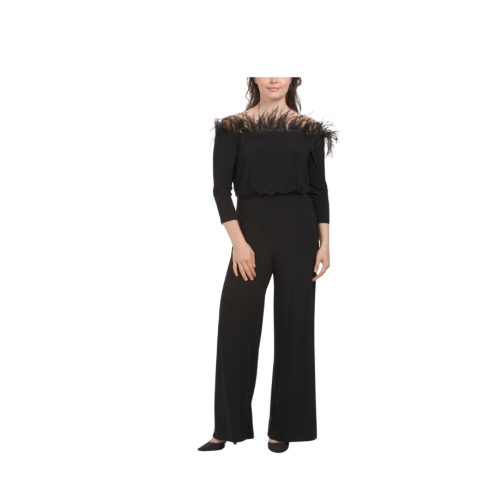ADRIANNA PAPELL Off The Shoulder Feather Jumpsuit